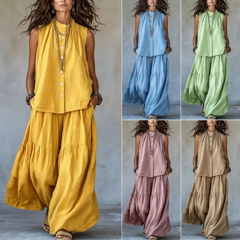 Completo Casual Estivo da Donna a Due Pezzi: Camicetta Senza Maniche con Bottoni e Pantaloni a Gamba Larga
