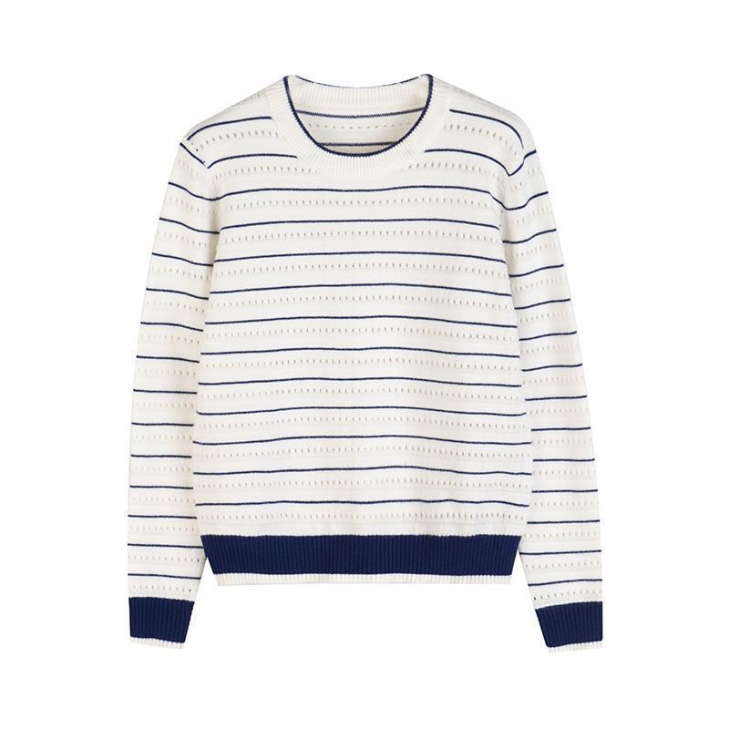 Dark Blue Contrasting Color Hollow Striped Women's Clothing New Small Crew Neck Loose Shirt Top Women