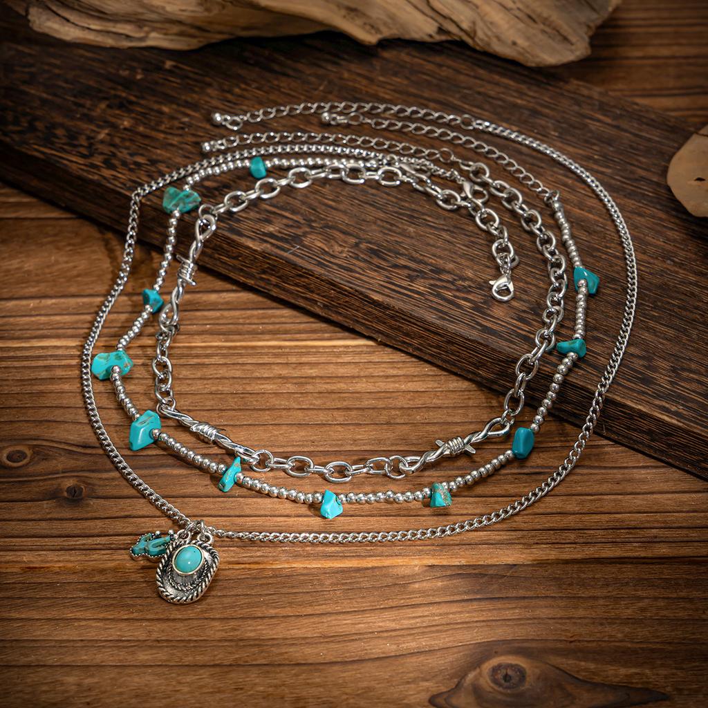 3Pcs/Set Vintage Turquoise Cowboy Hat Pendant Necklace Multilayer Ethnic Style Clavicle Chain Necklaces Choker Neck Jewelry