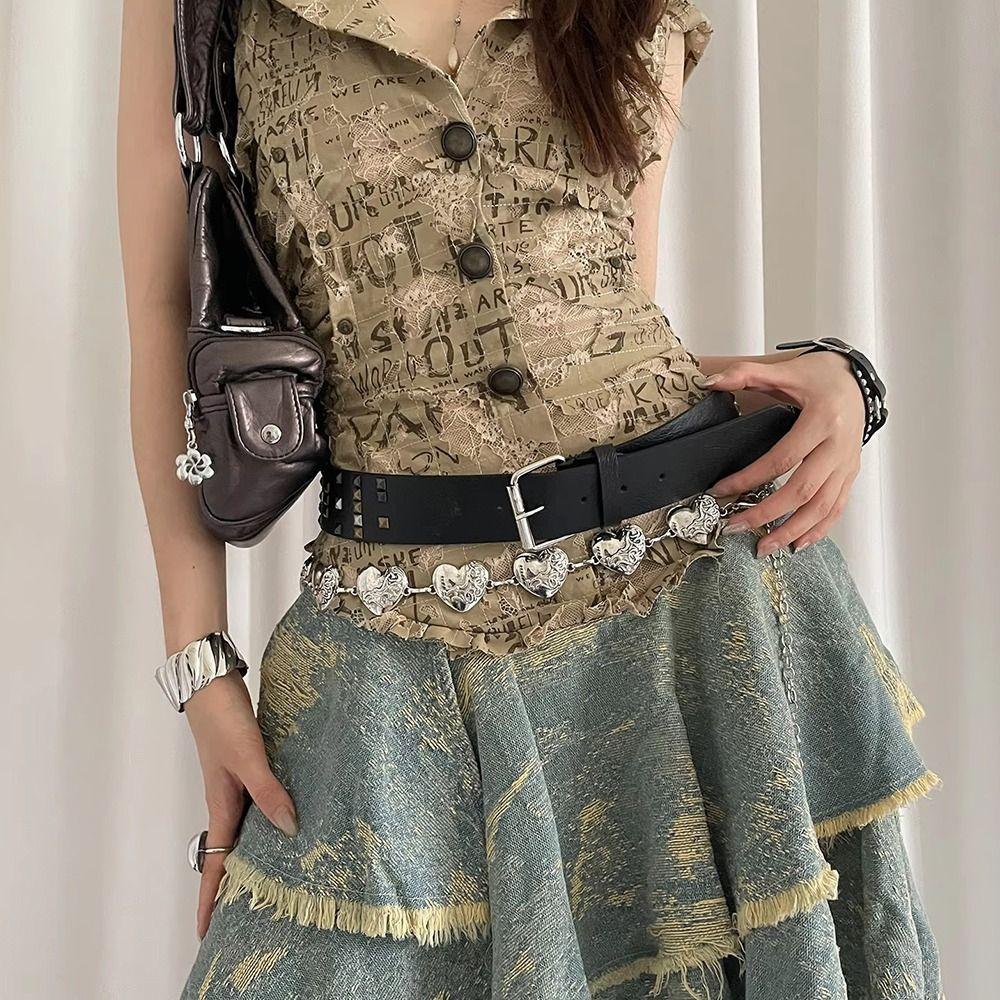 Leather Rivet Waist Belt Gothic Dress Jeans Belt American Women's Belt  Streetwear