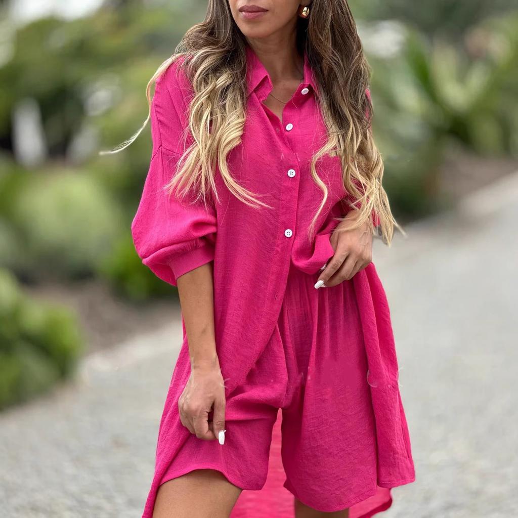 Spring New Women's Two-piece Shirt Set Plus-size Shirt Set High-waisted Loose Shorts