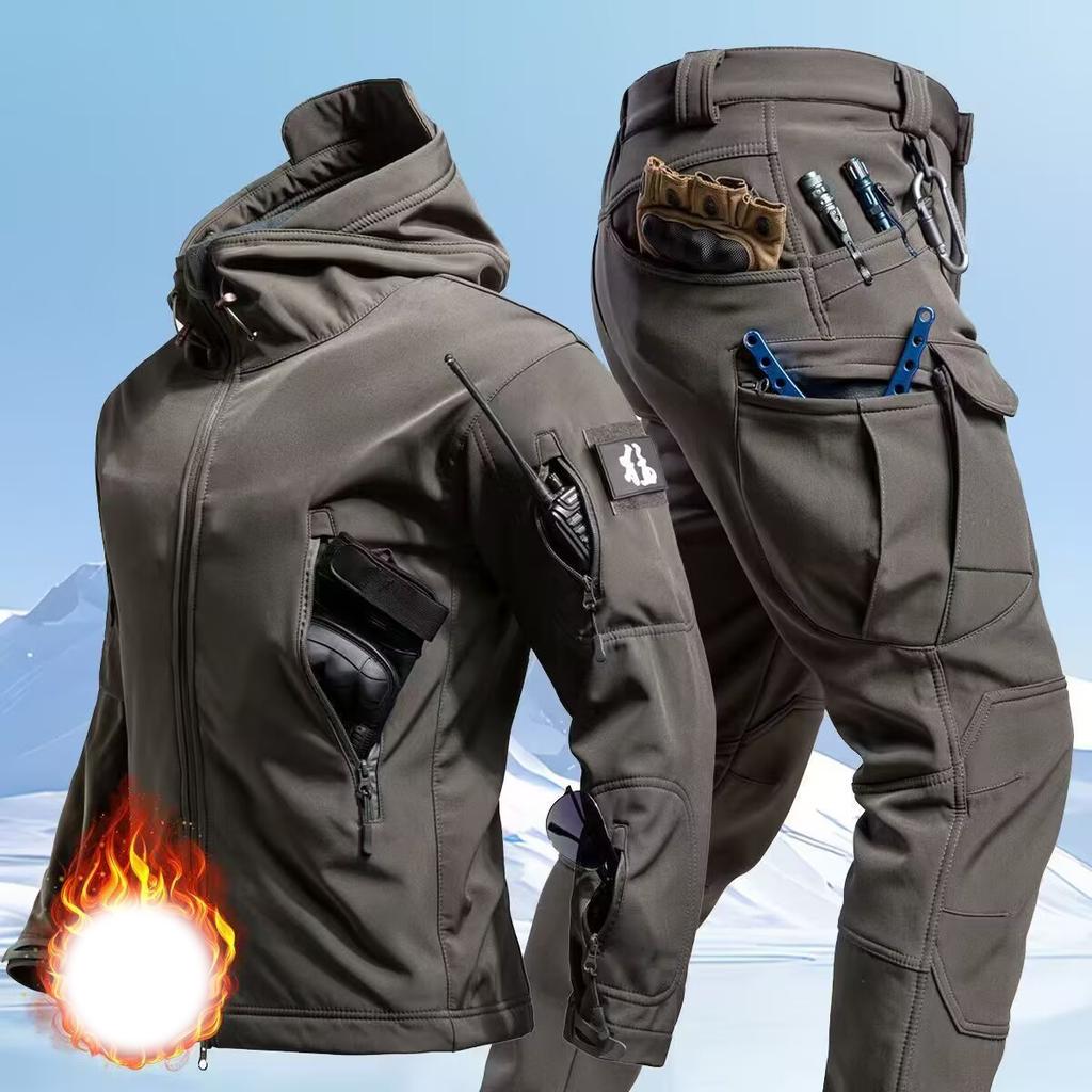 Tactical Waterproof Men Camo Set Soft Shell Fleece Winter Combat Suit Windbreak Warm Multi Pocket Outdoors Training Uniform