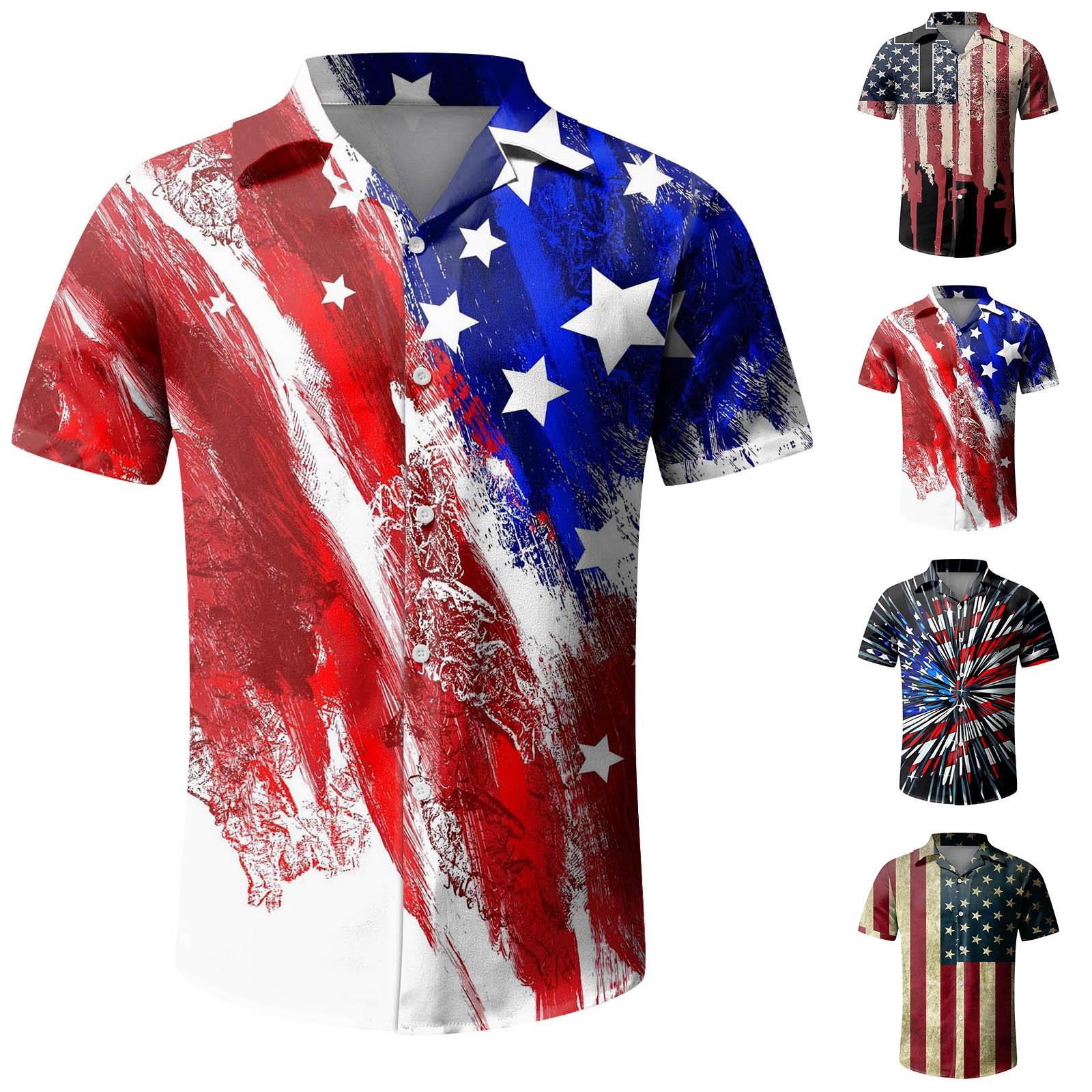 

(Почему я) Мужские гавайские рубашки, веселые красочные рубашки на пуговицах с короткими рукавами на День независимости, тропические праздничные пляжные рубашки