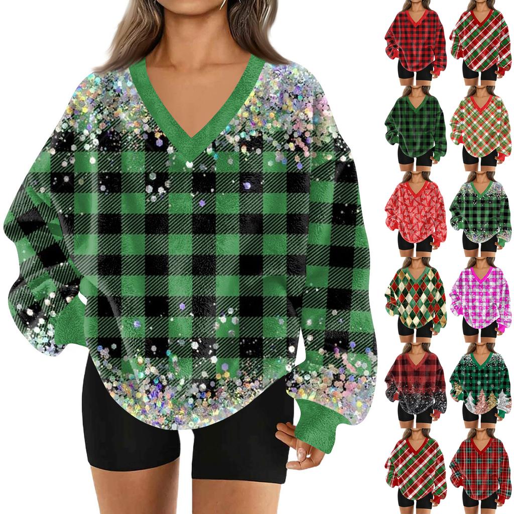 Women's Fashionable V-neck Christmas Printed Long Sleeved Casual Pullover Plush Warm Pocket Sweatshirt Top