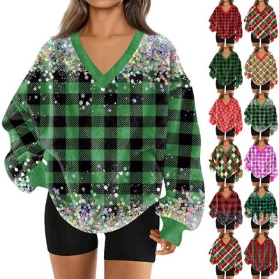 Women's Fashionable V-neck Christmas Printed Long Sleeved Casual Pullover Plush Warm Pocket Sweatshirt Top
