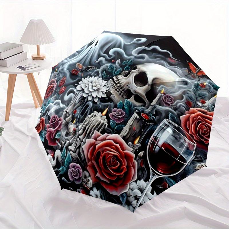 

1pc Skulls Roses Candles and Wine Automatic 3-Fold Umbrella Design, Cute Cartoon Pattern, Portable Outdoor Umbrella, Perfect, Holiday Gift for Disney