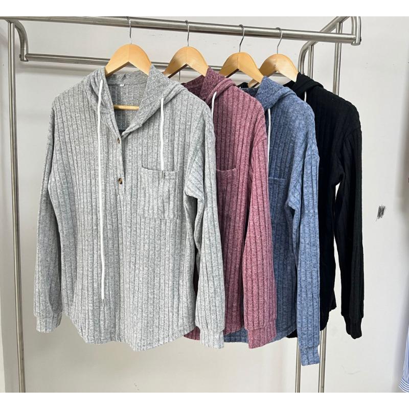 Herbst und Winter Damen Einfarbig Knopf Kapuzentasche Lose Langarm Sweatshirt