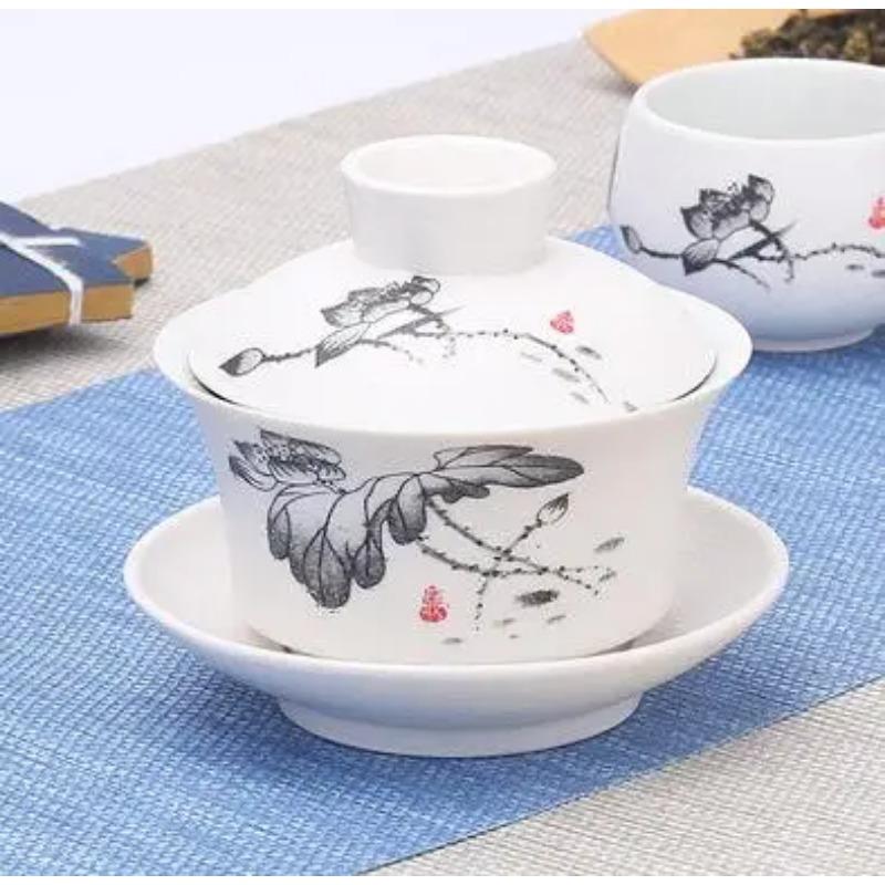 Chinese Hand Painted Kungfu Tea Set, Tureen Dehua, White Porcelain, Gaiwan, Pot Set for Travel, Fast Cup, High Quality