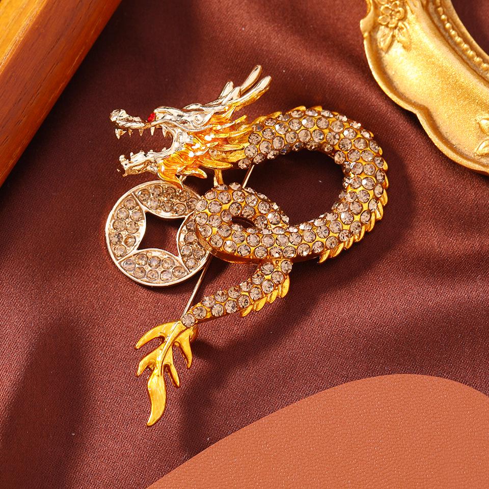 Men's Chinese Zodiac Dragon Brooch: Domineering Diamond-Studded Formal Corsage Accessory