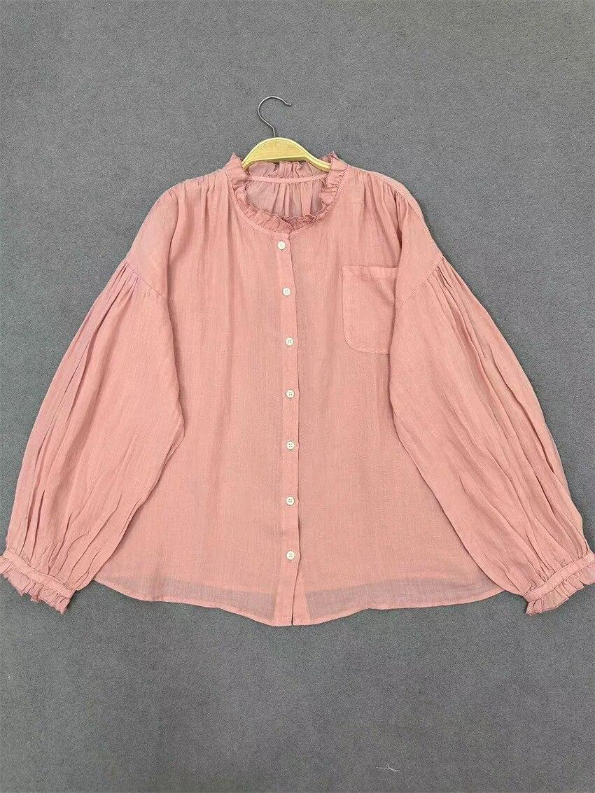 

Johnature весенне-летние топы, винтажные повседневные однотонные свободные женские блузки с тонкими оборками One Size розовый