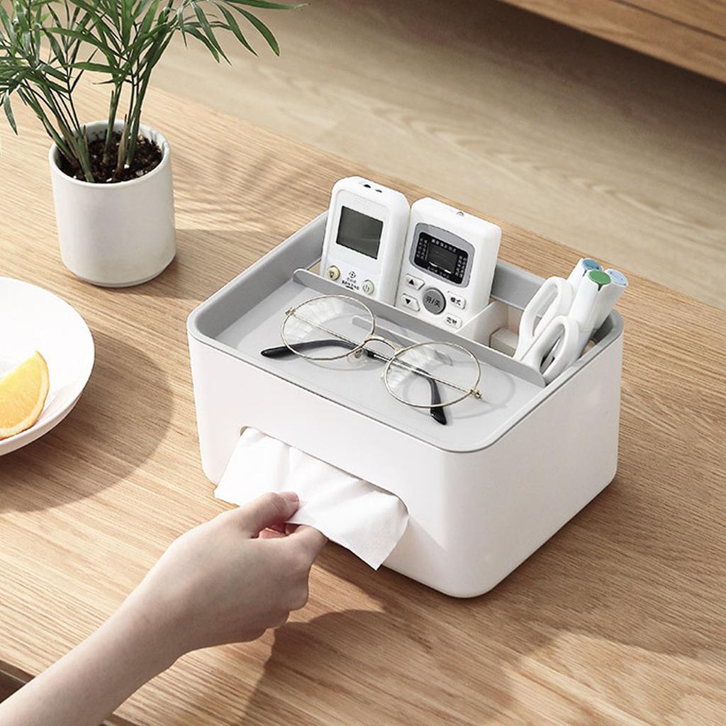 Tissue Box Cover Rectangular Multifunctional Napkin Box Holder with Remote Control Box for Living Room