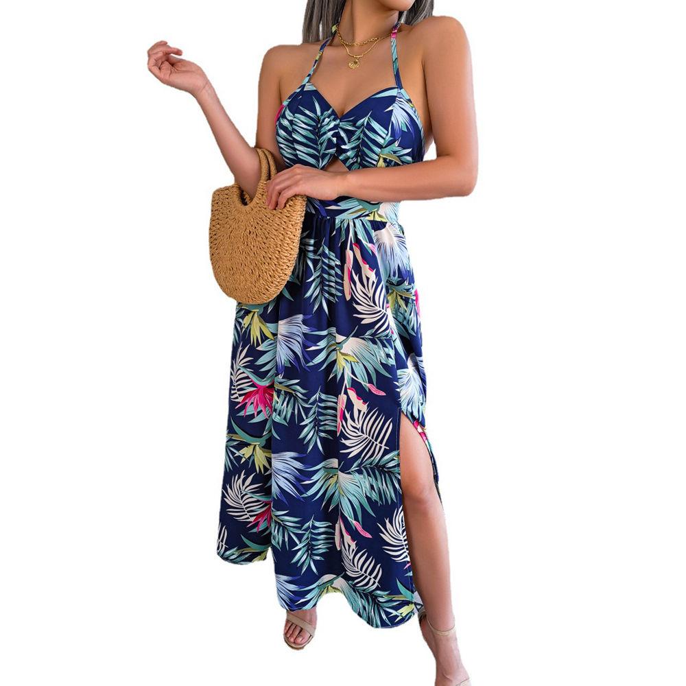 Frauen Frühling Sommer Blume Ärmelloses Aushöhlen Strap Lange Urlaub Strand Kleid