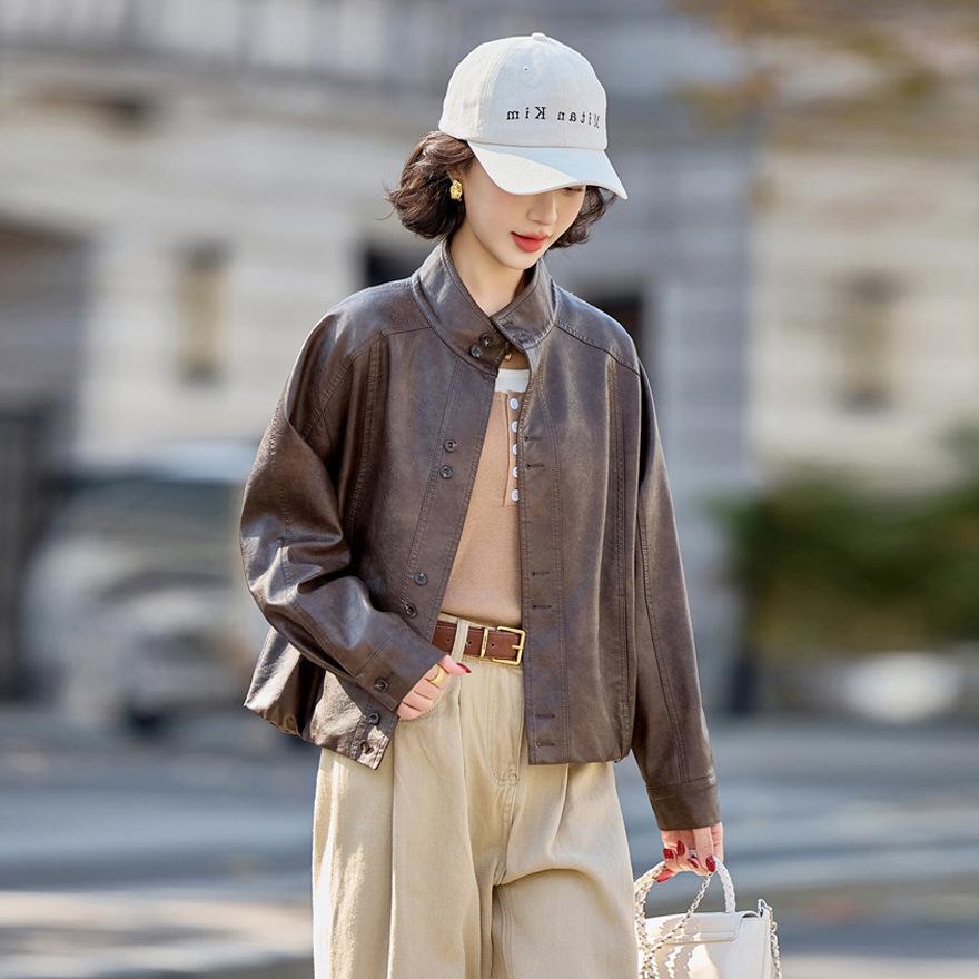 

Женская кожаная куртка весна и осень новая свободная повседневная ретро кожаная куртка мотоциклетного стиля топ трендовая 2XL