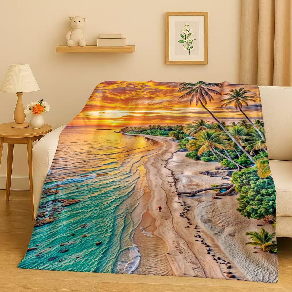 3D Beautiful Natural Scenery Sea Sky Tree Flannel Blanket,Ultra Soft Warm Plush Throw for Home Bedroom Bed Sofa Cover Kids Gift