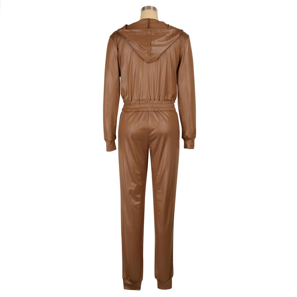 AL255 Women's Two-Piece Casual Sportswear Set - Hooded Faux Leather Jacket