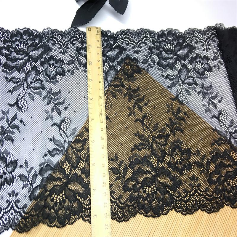 24cm wide Black Stretch Lace, Elastic Spandex Lace Fabric for Lingerie, Bra, Underwear, Sewing & Crafting