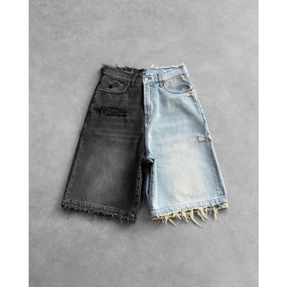 ZYLLO Y2k Black Punk Washed Baggy Work Shorts Men Women Fashion Hip Hop Ripped Hole Denim Shorts Vintage Raw Edge Jorts Streetwear