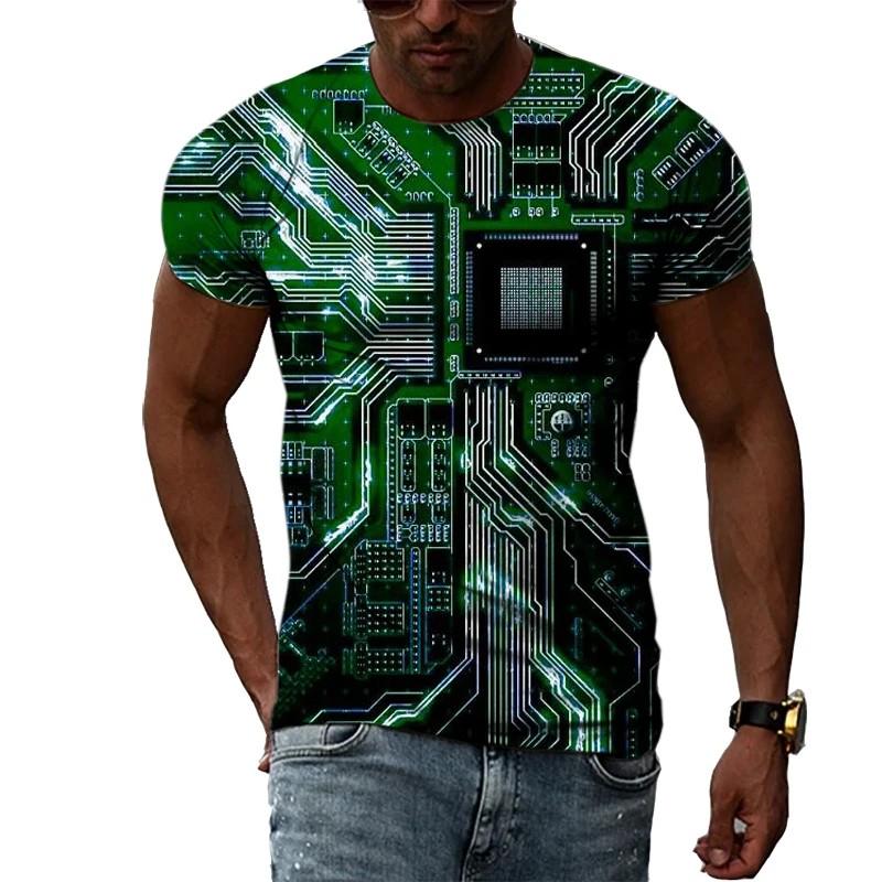 Summer Round Neck 3D Circuit Board Print T-shirts Fashionable Casual Short Sleeved Men's T-shirts