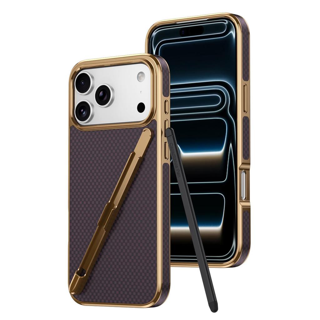 Plaid Cross-Side Sticker for iPhone 17 Pro Max Electroplated Case with Pen Slot for Apple 16 Integrated Case