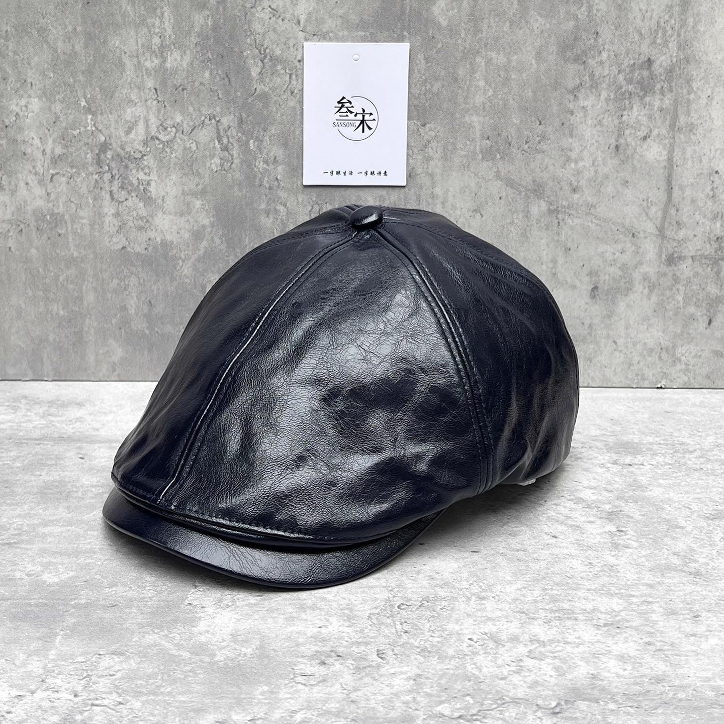 

Vintage Street Trendy Hat Pu Leather Forward Hat Men S And Women S Autumn Bright Leather Beret Versatile Painter Hat M（56-58cm）