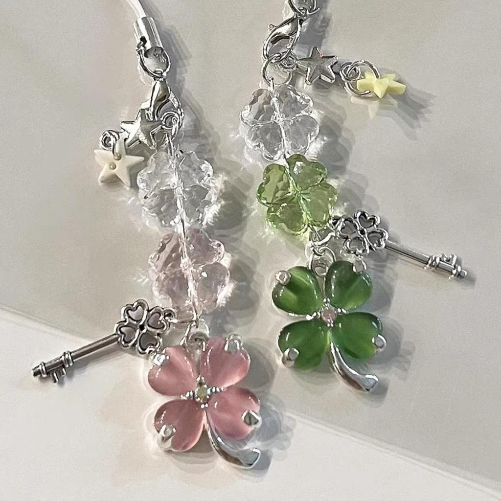 Delicate Pink Green Crystal Lucky Plant Keychain Phone Charms Pendant Cute Key Chain Phone Ornament Schoolbag Camera Hangings