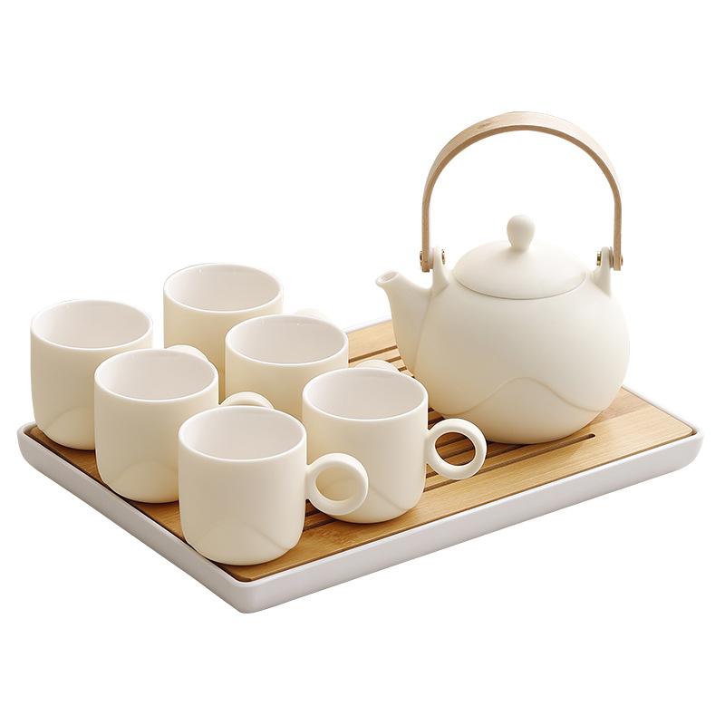 Modern Chinese Tea Set, 600ml Ceramic Beam Teapot with Stainless Steel Infuser and 6 Cups, Bamboo Handle Matte Teapots Hot Tea for Home Party