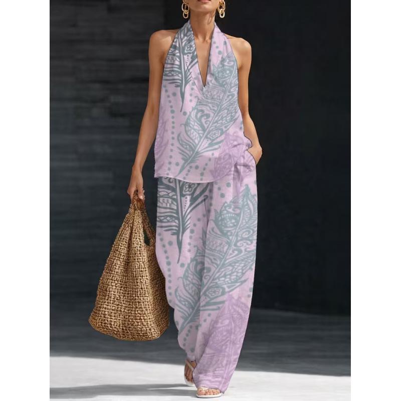 1116 Summer Cool Neck Suit Women's Temperament V-Neck Off-Shoulder Top + High Waist Wide Leg Pants Two-piece Set
