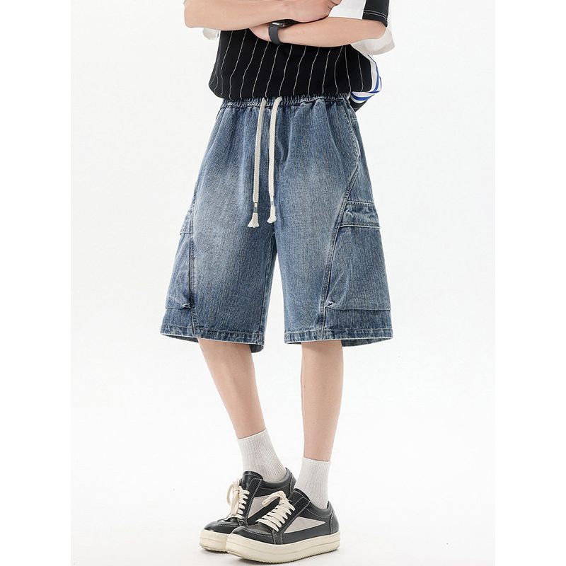 Wassup Trendy Retro Washed Workwear Denim Shorts for Men, Summer Thin American-Style Straight-Leg Men's Five-Point Pants