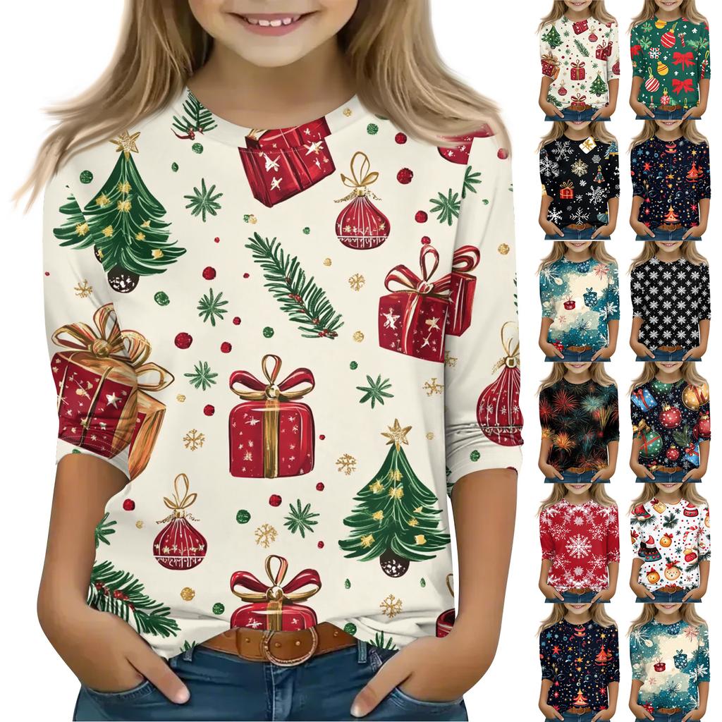 Christmas Day Print Tops For Youth Girls 5-16 Years Round Neck 3/4 Sleeves T-Shirts Trendy Tops Outfit Tees