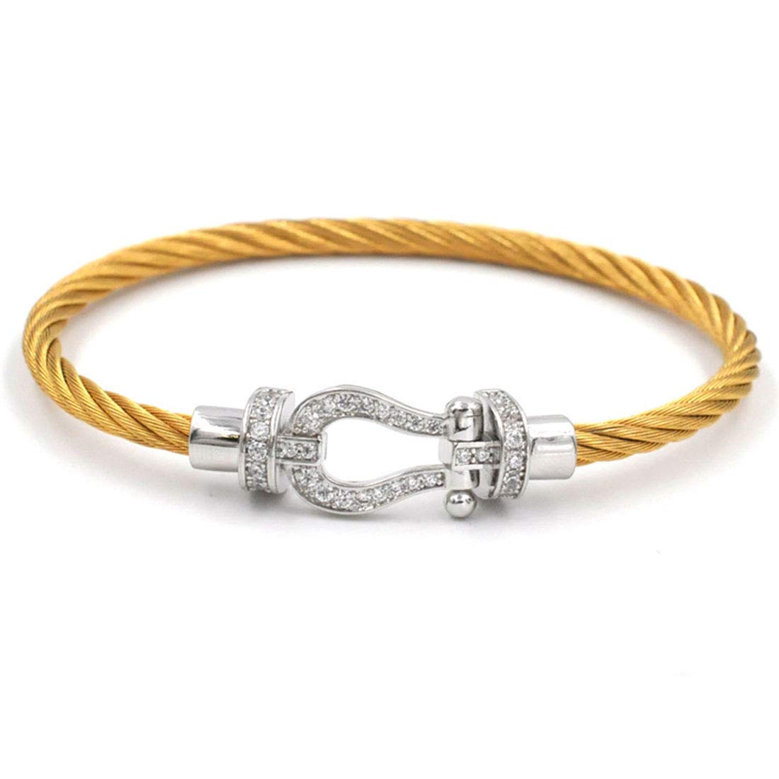 

Deelfel Bracelet for Men and Women Gold Silver Zirconia Shiny Horseshoe Bangle Finish Brand Stainless Steel Wire Unisex Bracelet Pair Couple Style
