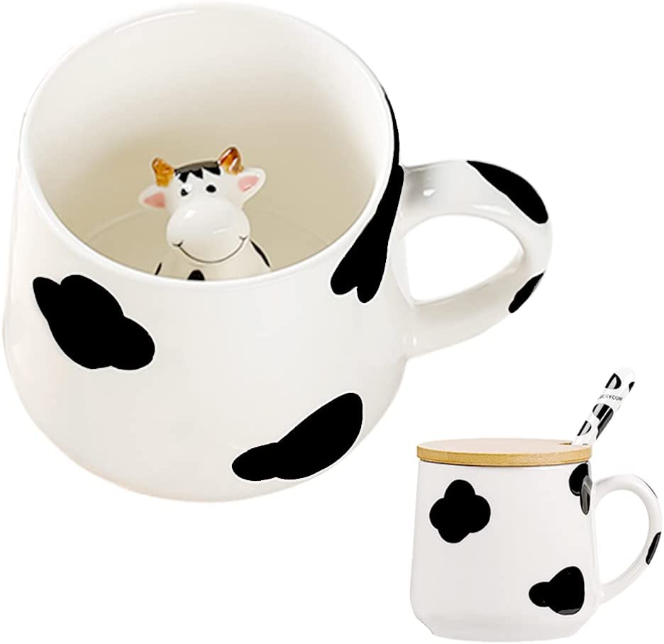 Cute Ceramic Coffee Mug Tea Cup Hidden 3D Cow With Spoon Lid Stuff Funny Cool Christmas Birthday Novelty Women Girls Kids Gifts
