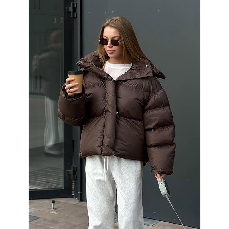 Women Autumn Hooded Short Cotton Coat Casual Brown Stand Collar Full Sleeve Loose Jacket Chic Lady Winter Office Commute Outwear