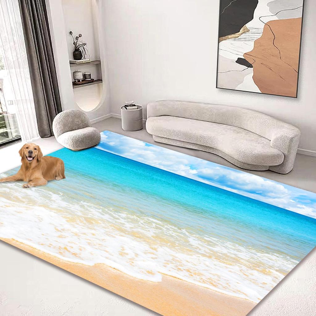 Ocean Area Rugs Beach Rug, Coastal Nature Theme Teal Carpet Boys Girls Hawaiian Sea Wave Animal's Shell Starfish Rug for Bedroom