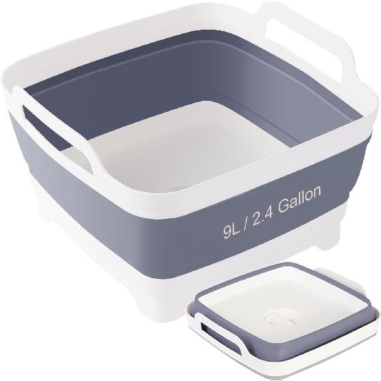 Collapsible Dish Basin & Sink Tub With Drain Plug – 2.4 Gal Baby Bottle Wash Basin, Bottle Washing Bin For RV, Camping, Kitchen | Collapsible Water