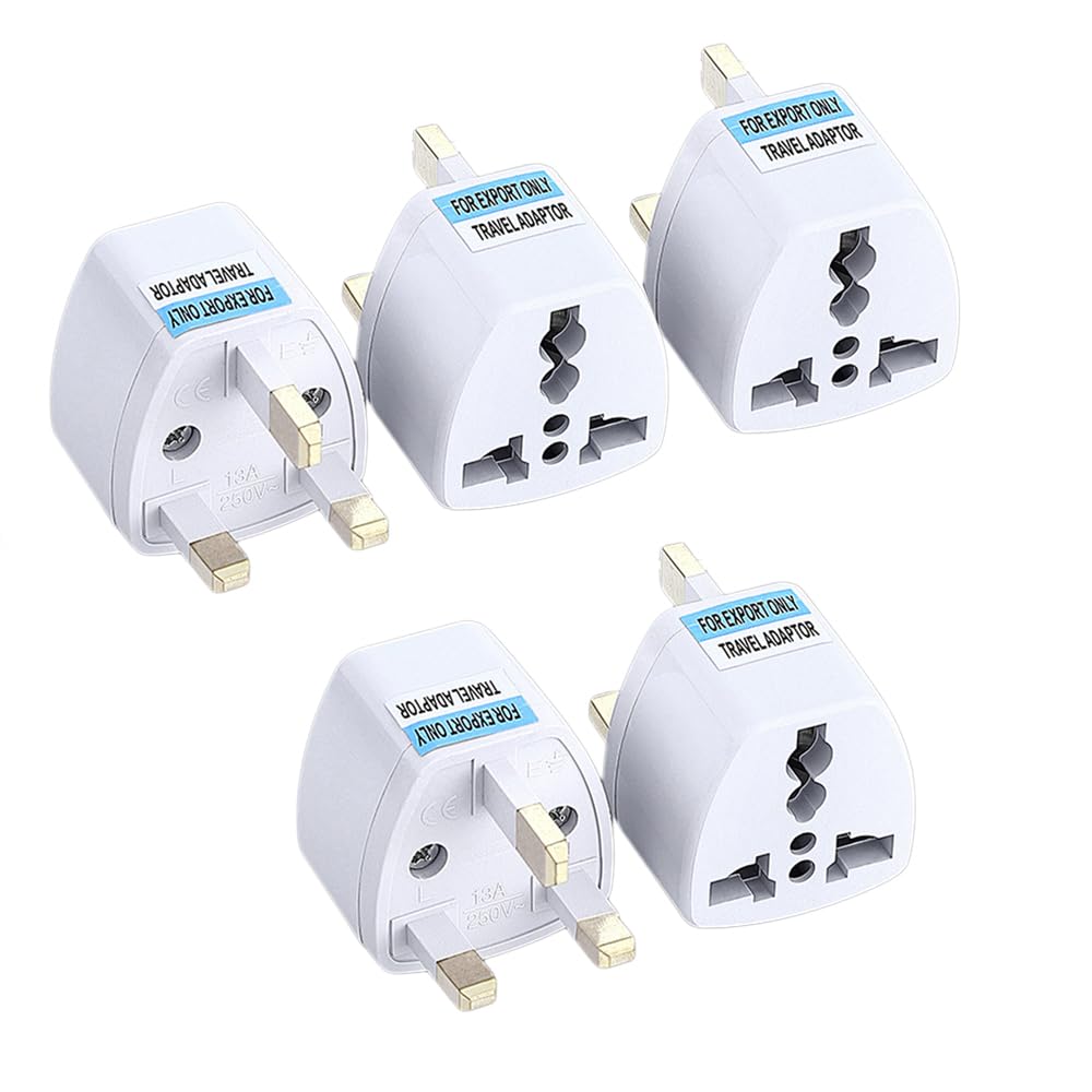 5-Pack International Travel Adapter Plugs (BF Type) - Ideal for International Travel, UK, Singapore, Malaysia, Hong Kong, Macau, and other regions.