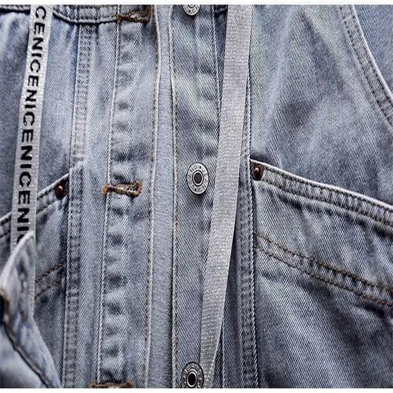 Spring Plus Size Blue Deconstructable S kapucí Turn Down Collar Jean Coat Jacket Dámské volné oblečení