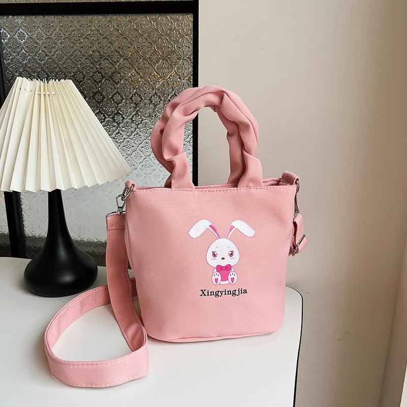

Trendy simple cute bunny printed bucket bag fashionable pleated design handbag bento bag casual handbag розовый