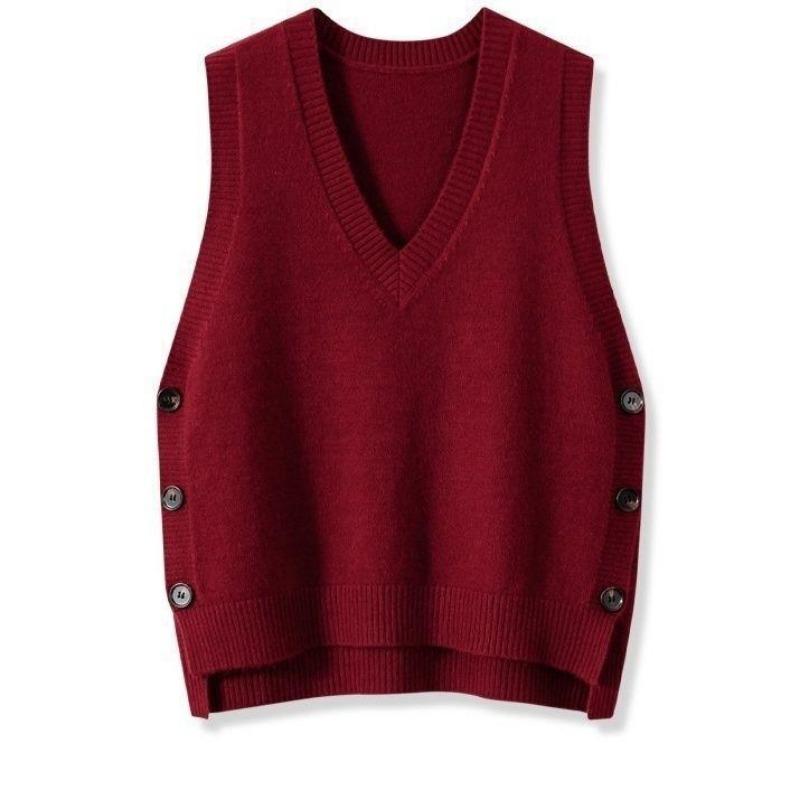 Women's Vintage V-Neck Knitting Vest Side Split Button Sleeveless Sweater Autumn Winter Solid Color Casual Waistcoat