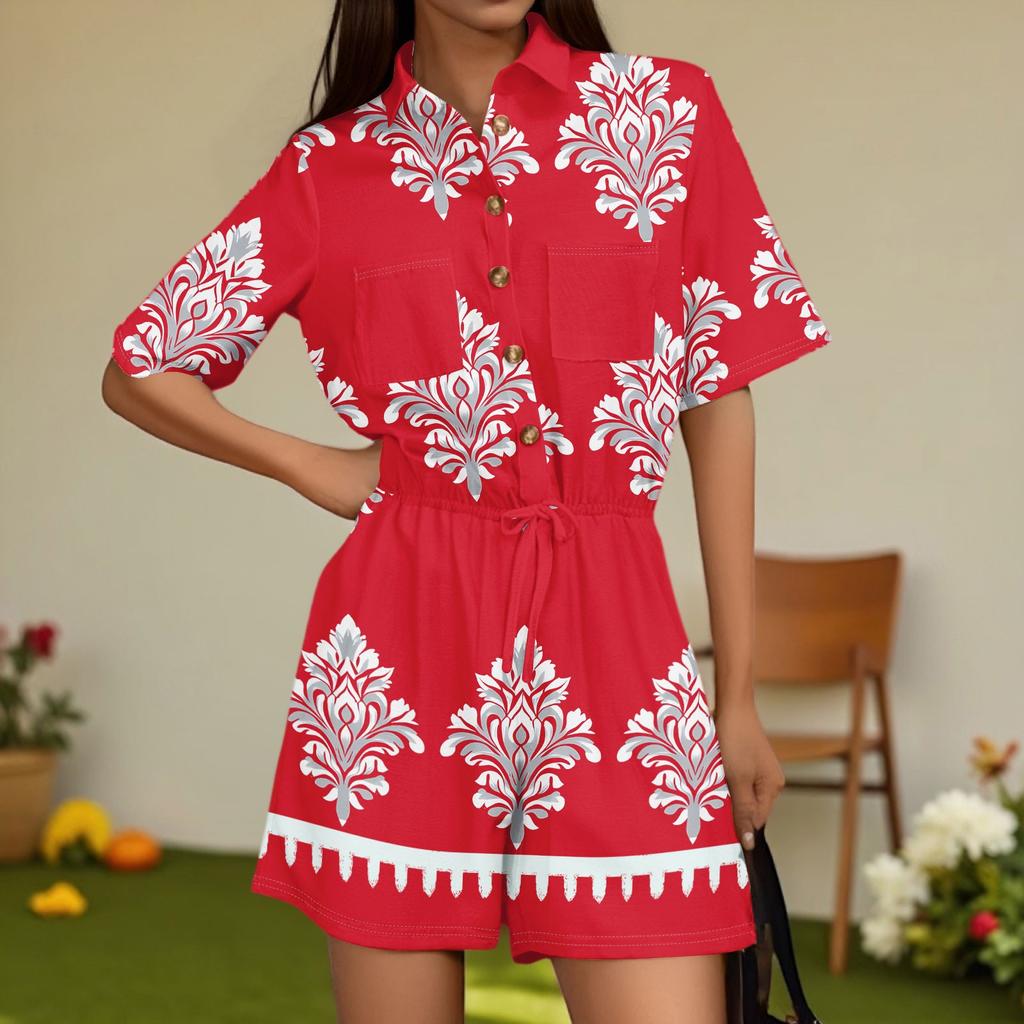 Women's Fashion V-neck Jumpsuit Plaid Casual Short Sleeve Top Jumpsuit