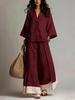 2026 Spring/Summer Cotton Linen Set: French V-neck 3/4 Sleeve Shirt & Color Block Wide-leg Pants