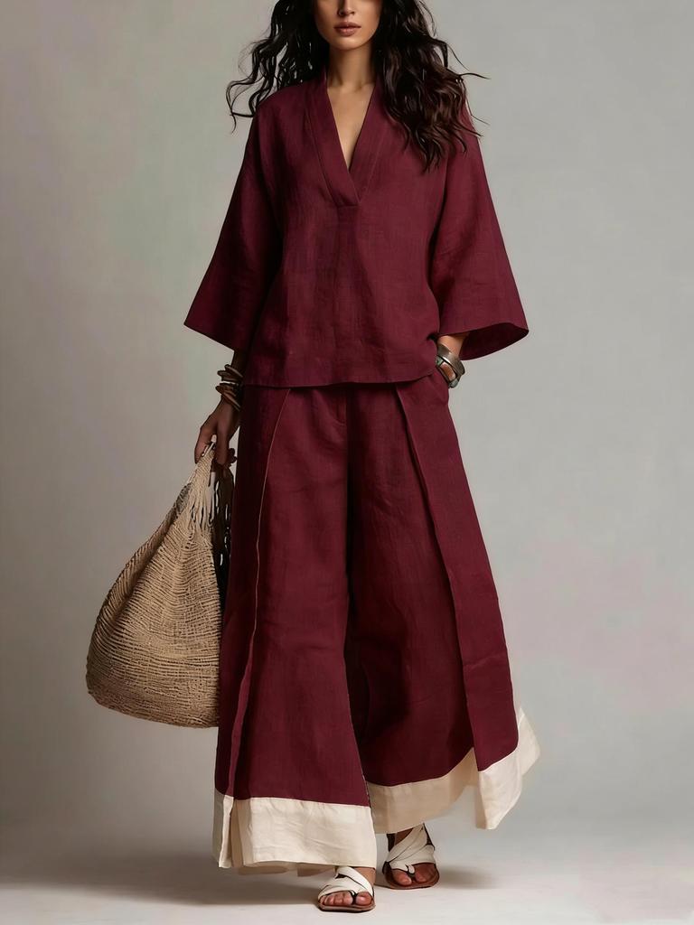 2026 Spring/Summer Cotton Linen Set: French V-neck 3/4 Sleeve Shirt & Color Block Wide-leg Pants