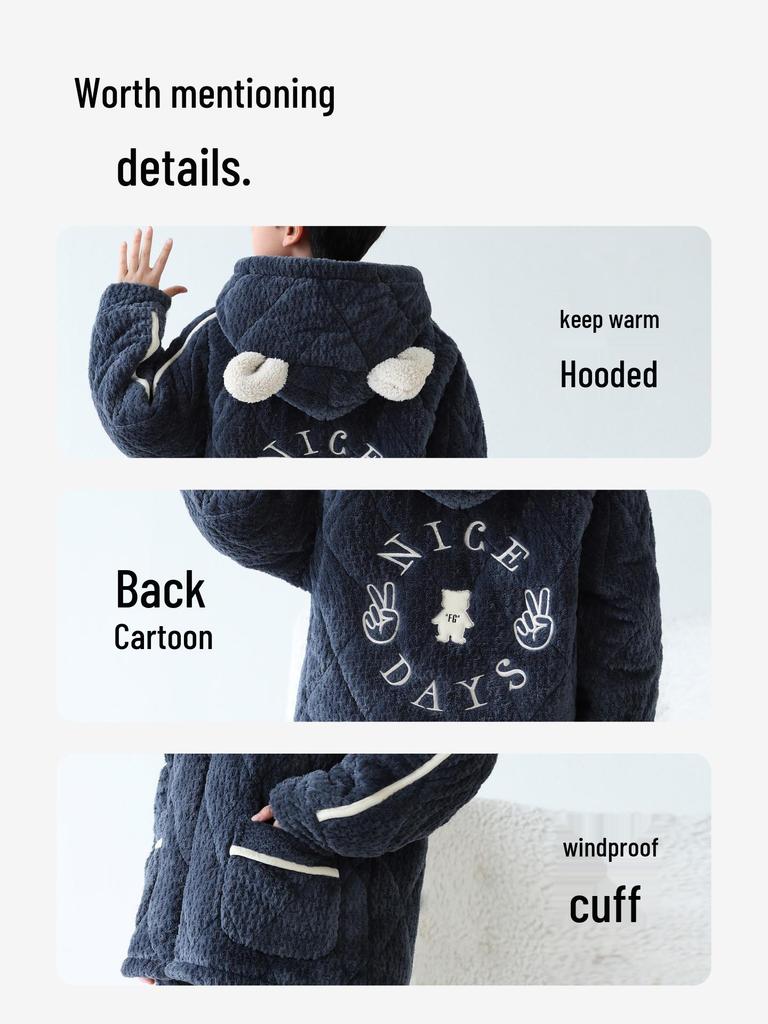 Boys' Winter Quilted Flannel Pajamas - Three-Layer, Medium & Large, Coral Fleece Warm Homewear