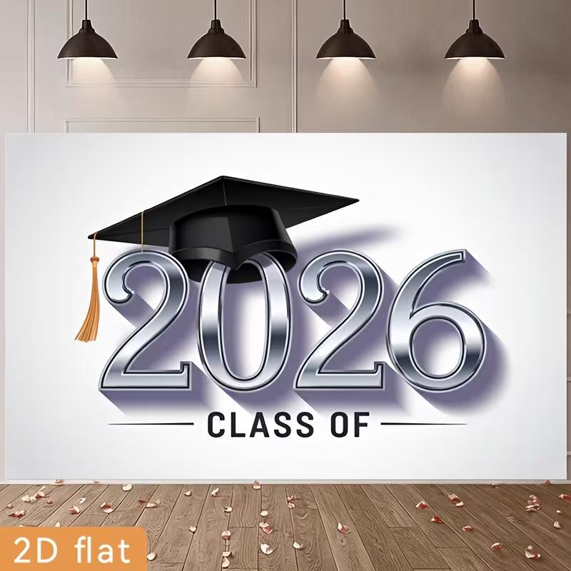 2D Class of 2026 Graduation Photography Backdrop Silver Metallic Number & Cap Party Background