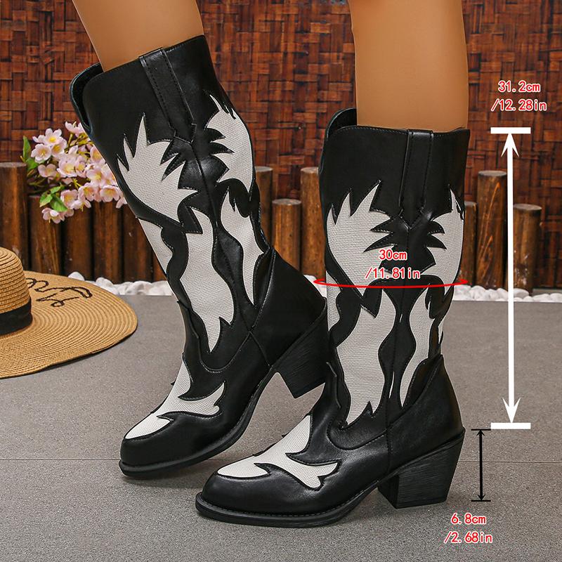 Fashion Women's Western Cowboy Boots Pointed Toe Chunky Heel Mid Calf Botas Mujer 2025 Autumn Winter PU Leather Riding Boots Plus Size
