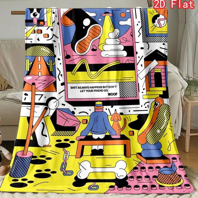 Pop Art Cartoon Dog Bone Hot Dog Colorful Graffiti Quote Print Soft Flannel Throw Blanket Lightweight Warm Sofa Couch Bed Home Decor Cover