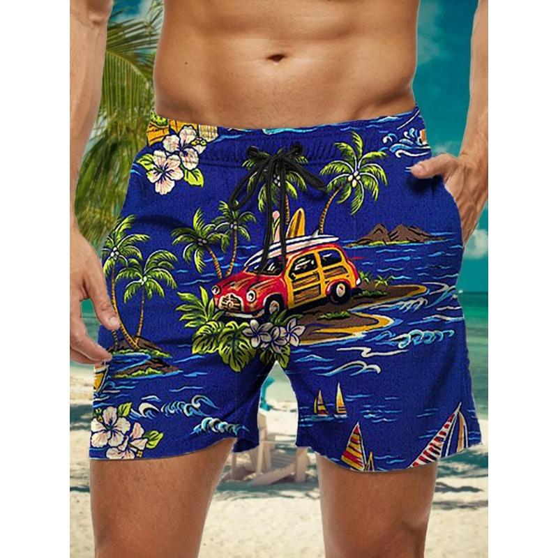 Summer New Hawaiian Plant Print Men's Street Hip Hop Casual Shorts Men's Summer Swim Shorts Drawstring Casual Shorts
