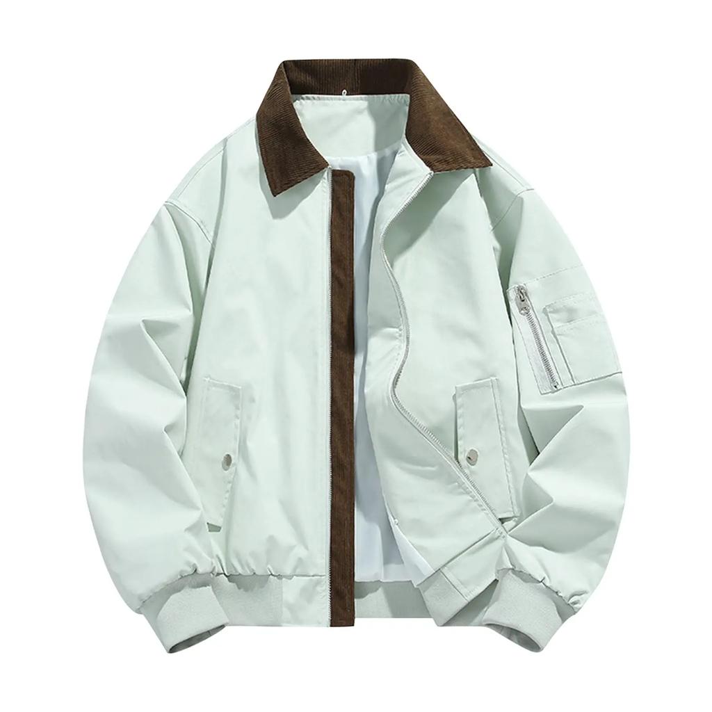 Men's Autumn Winter Turn Down Collar Jacket Solid Color Casual Sports Jacket Full Zipper Lightweight Outdoor Workwear Tops
