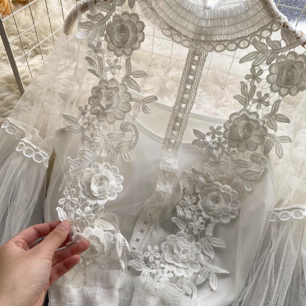 Women's Summer Lace Mesh Puff Long Sleeve Blouse Vintage Blouses Elegant Korean Tops Shirts Clothing