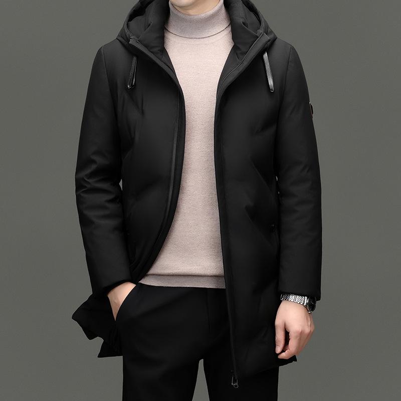 Mid-length Hooded Down Jacket for Men - Winter Casual Style with Warm White Duck Down