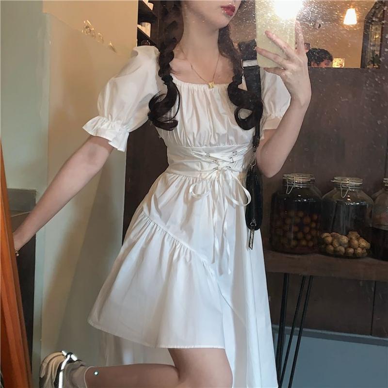 Irregular Hem Solid Color Dresses Female Summer Design Sense Bubble Sleeve Dress